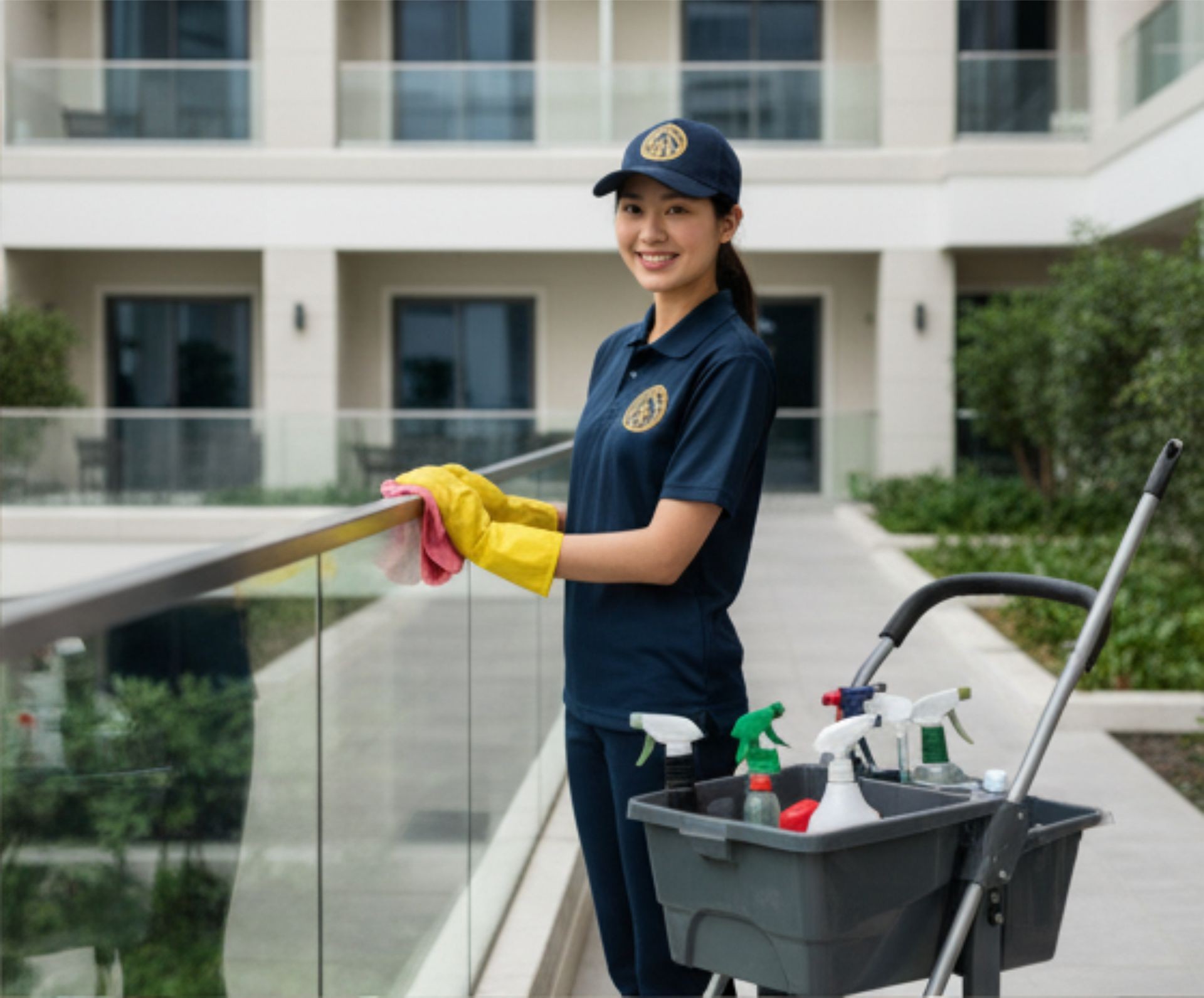 Smiling cleaning worker with gloves, cart, and supplies in a modern building courtyard.