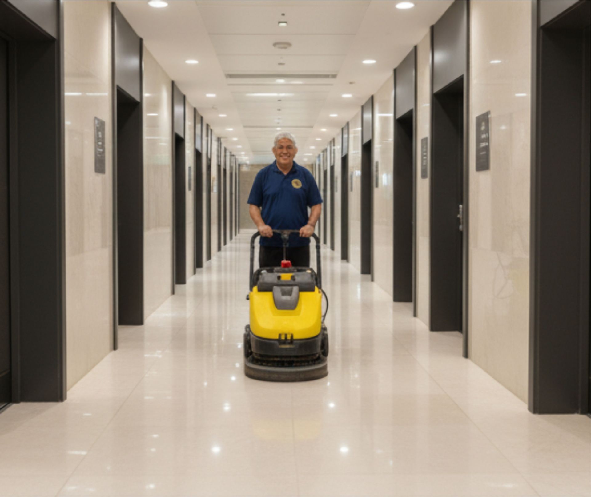 Person cleaning a shiny marble hallway with a yellow floor polishing machine.