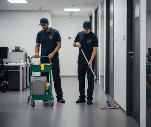 Two janitors cleaning a hallway in an office building with a mop and cleaning cart.